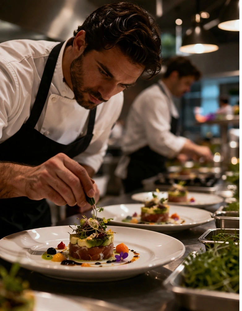 Chef profesional preparando platos gourmet para servicio de catering en Cartagena